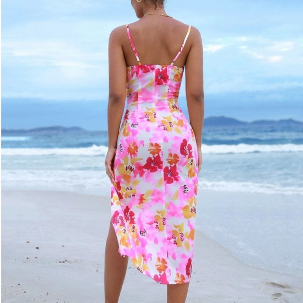 multicolor floral allover print split thigh cami dress summer vacay travel cute - Picture 2 of 5